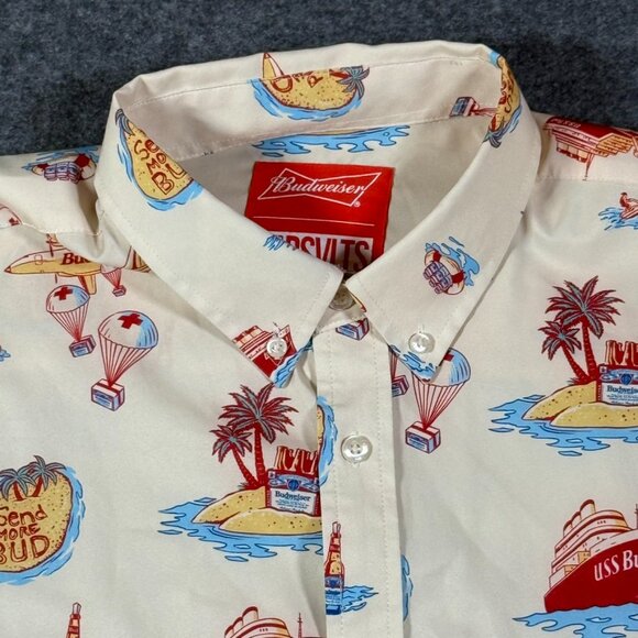 Rsvlts‎ Budweiser Kunuflex Short Sleeve Button Shirt Cream Red Vacation Sz Large - Picture 1 of 11